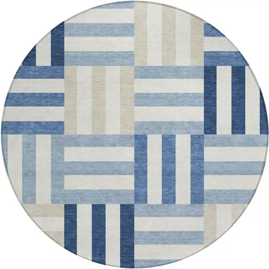 8' Navy Blue Ivory And Khaki Round Geometric Washable Indoor Outdoor Area Rug Photo 2