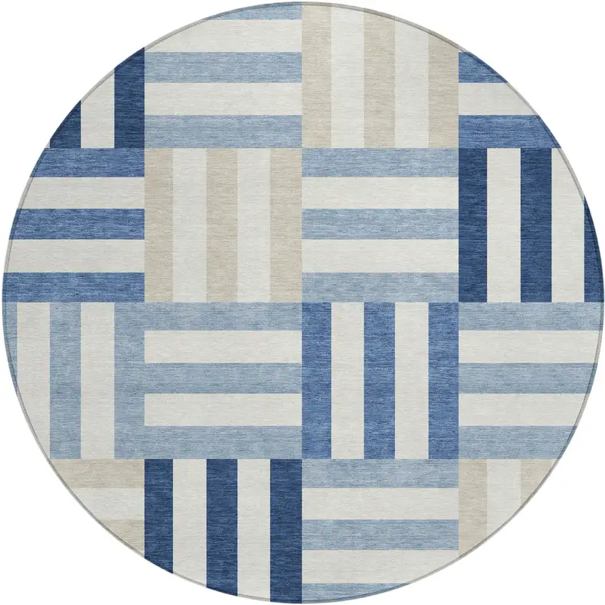 8' Navy Blue Ivory And Khaki Round Geometric Washable Indoor Outdoor Area Rug Photo 2