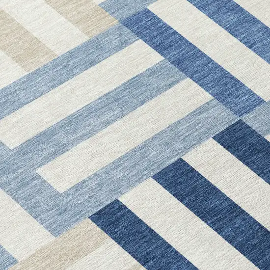 8' Navy Blue Ivory And Khaki Round Geometric Washable Indoor Outdoor Area Rug Photo 9