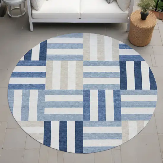 8' Navy Blue Ivory And Khaki Round Geometric Washable Indoor Outdoor Area Rug Photo 8