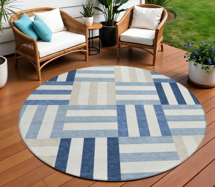 8' Navy Blue Ivory And Khaki Round Geometric Washable Indoor Outdoor Area Rug Photo 1