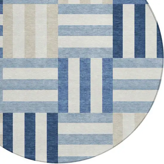 8' Navy Blue Ivory And Khaki Round Geometric Washable Indoor Outdoor Area Rug Photo 7