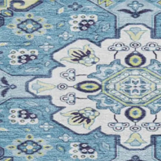 8' Navy Blue Ivory And Olive Green Oriental Washable Round Rug With UV Protection Photo 3