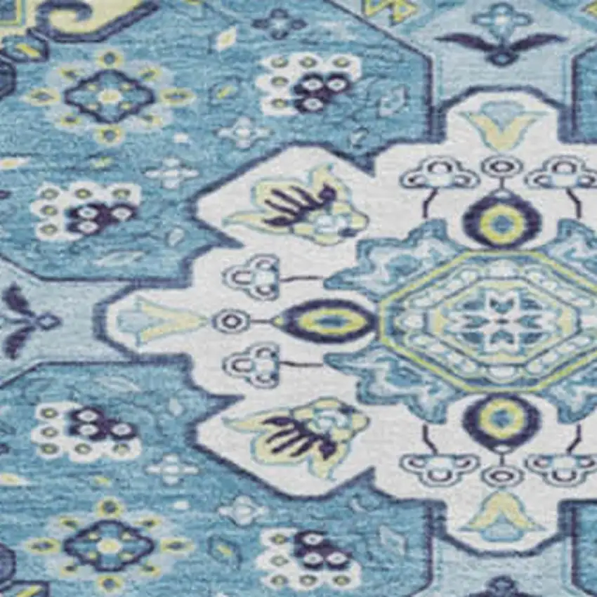 8' Navy Blue Ivory And Olive Green Oriental Washable Round Rug With UV Protection Photo 3