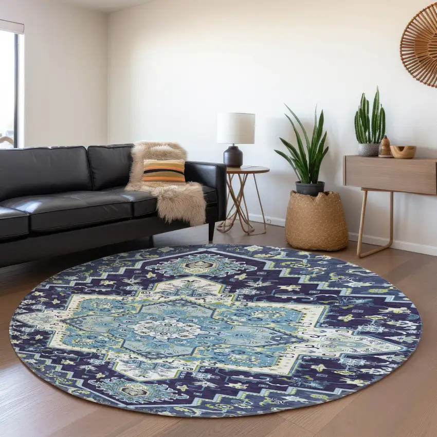 8' Navy Blue Ivory And Olive Green Oriental Washable Round Rug With UV Protection Photo 4