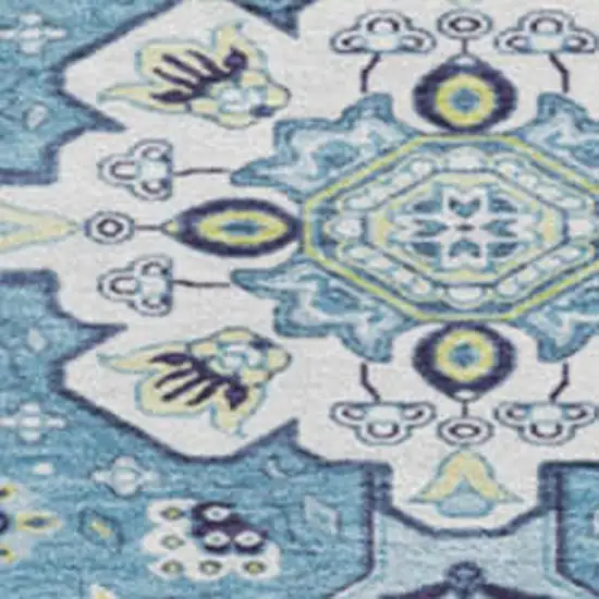 8' Navy Blue Ivory And Olive Green Oriental Washable Round Rug With UV Protection Photo 2