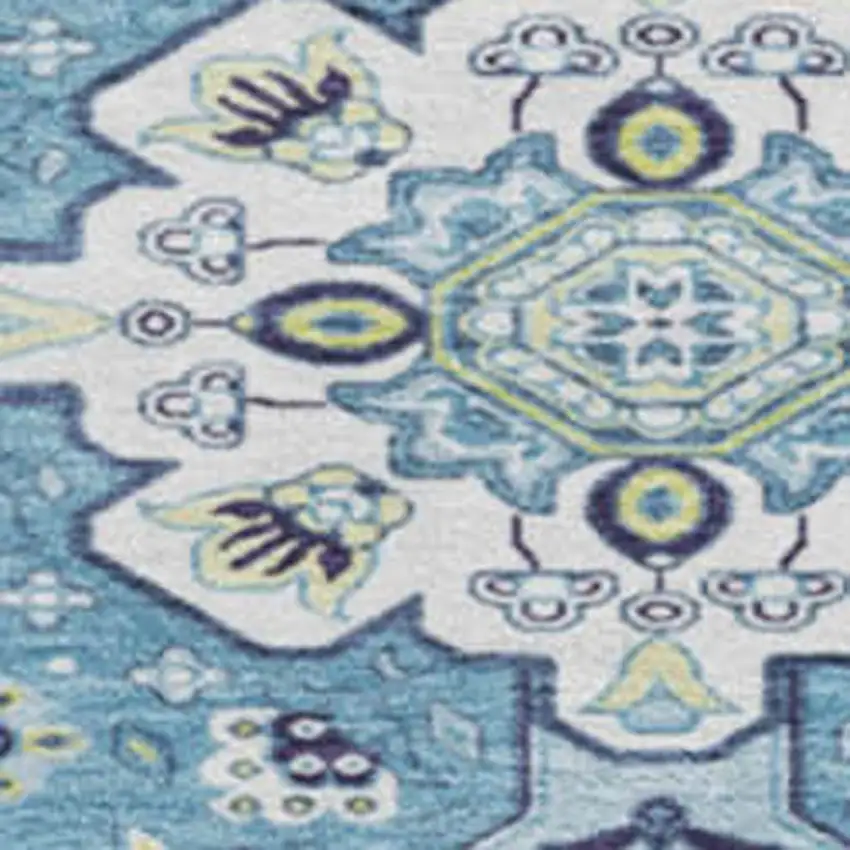 8' Navy Blue Ivory And Olive Green Oriental Washable Round Rug With UV Protection Photo 2