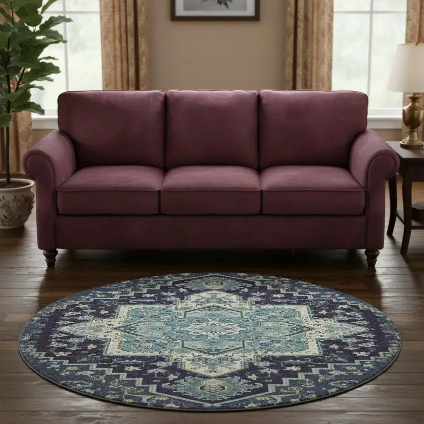 8' Navy Blue Ivory And Olive Green Oriental Washable Round Rug With UV Protection Photo 2