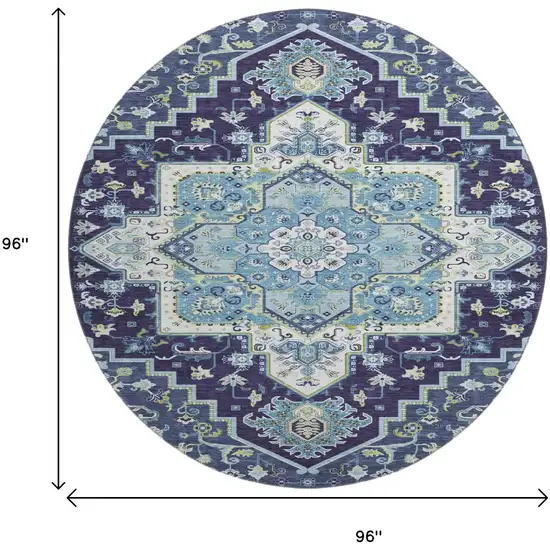 8' Navy Blue Ivory And Olive Green Oriental Washable Round Rug With UV Protection Photo 9