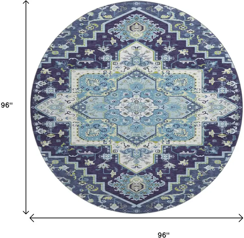 8' Navy Blue Ivory And Olive Green Oriental Washable Round Rug With UV Protection Photo 9