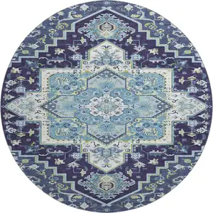 Photo of 8' Navy Blue Ivory And Olive Green Oriental Washable Round Rug With UV Protection