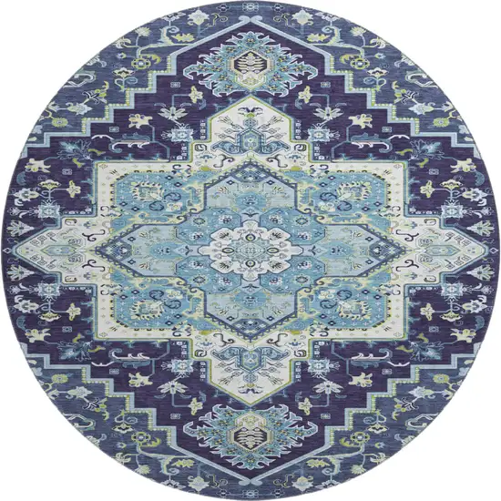 8' Navy Blue Ivory And Olive Green Oriental Washable Round Rug With UV Protection Photo 1