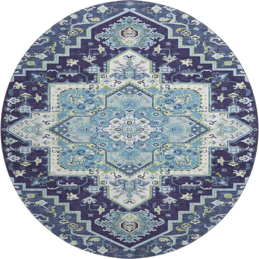 8' Navy Blue Ivory And Olive Green Oriental Washable Round Rug With UV Protection Photo 1