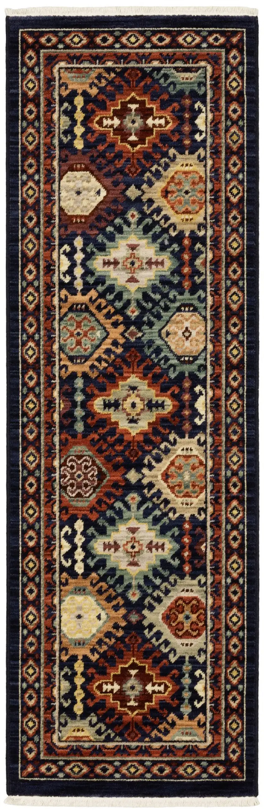 6' Navy Blue Ivory And Orange Oriental Runner Rug With Fringe Photo 2