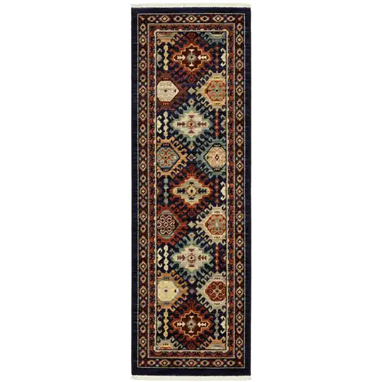 6' Navy Blue Ivory And Orange Oriental Runner Rug With Fringe Photo 2