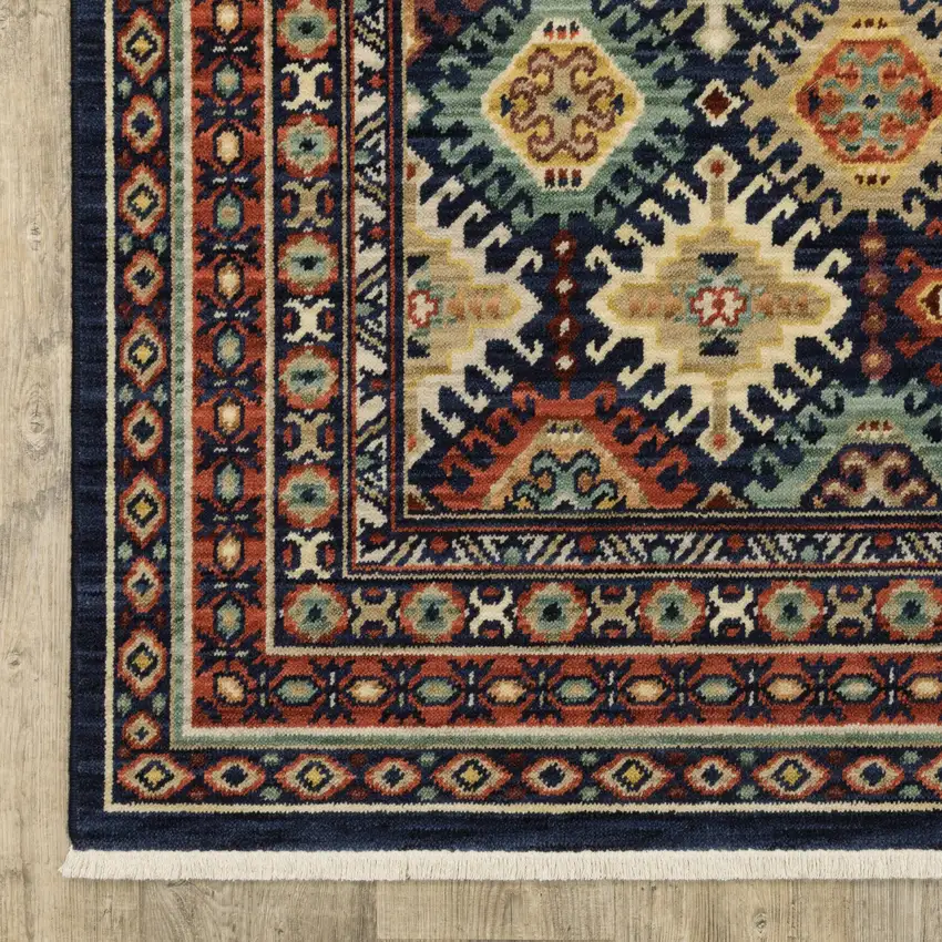 6' Navy Blue Ivory And Orange Oriental Runner Rug With Fringe Photo 4