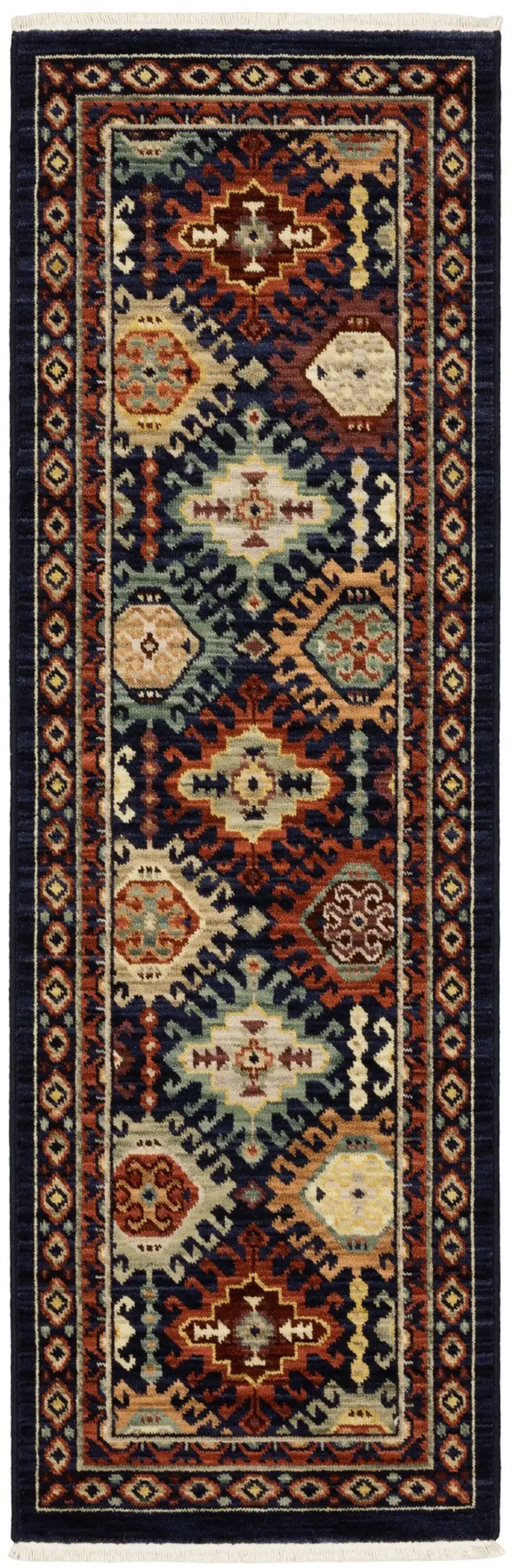 6' Navy Blue Ivory And Orange Oriental Runner Rug With Fringe Photo 5