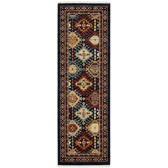 6' Navy Blue Ivory And Orange Oriental Runner Rug With Fringe Photo 5