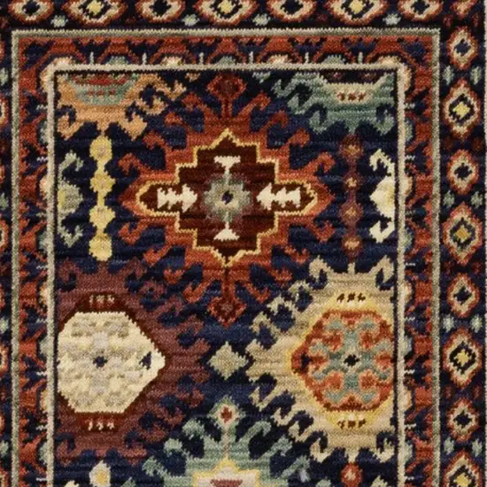 6' Navy Blue Ivory And Orange Oriental Runner Rug With Fringe Photo 8