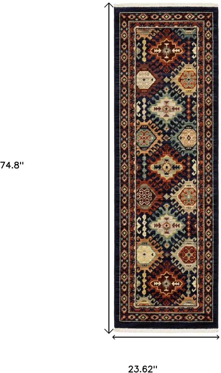 6' Navy Blue Ivory And Orange Oriental Runner Rug With Fringe Photo 3