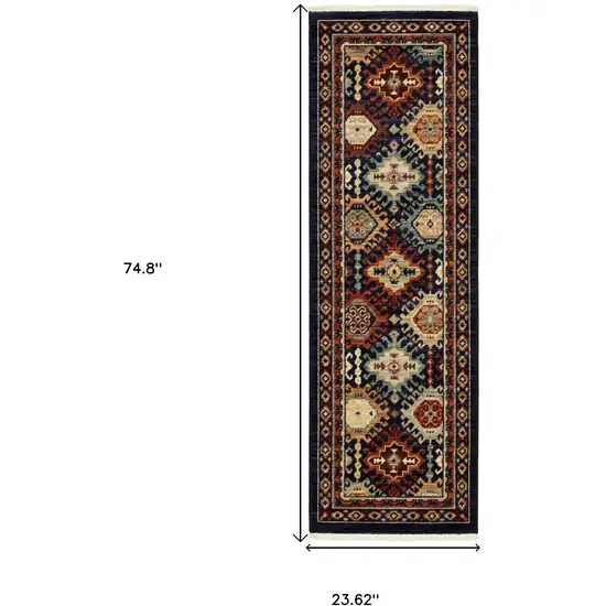 6' Navy Blue Ivory And Orange Oriental Runner Rug With Fringe Photo 3