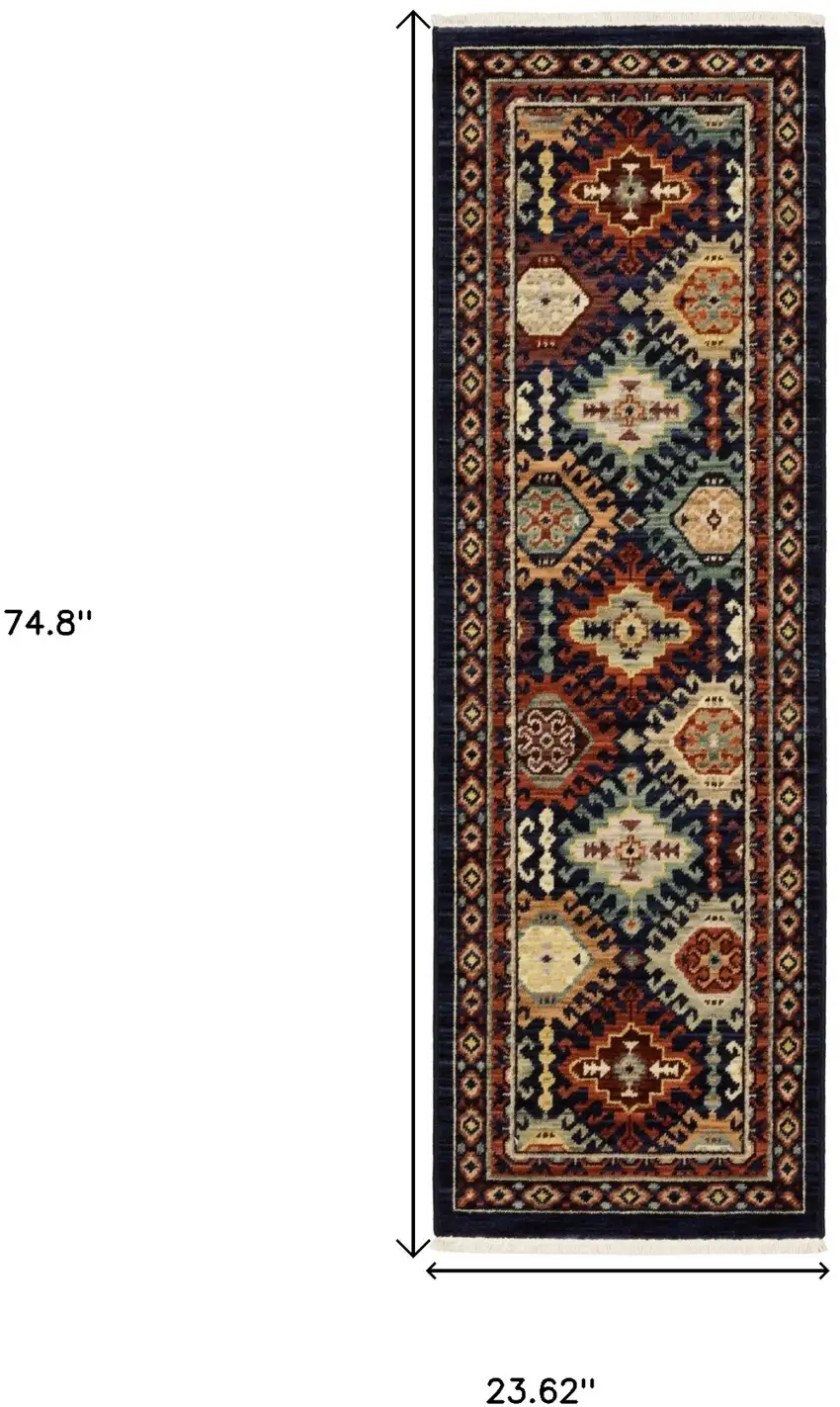 6' Navy Blue Ivory And Orange Oriental Runner Rug With Fringe Photo 3