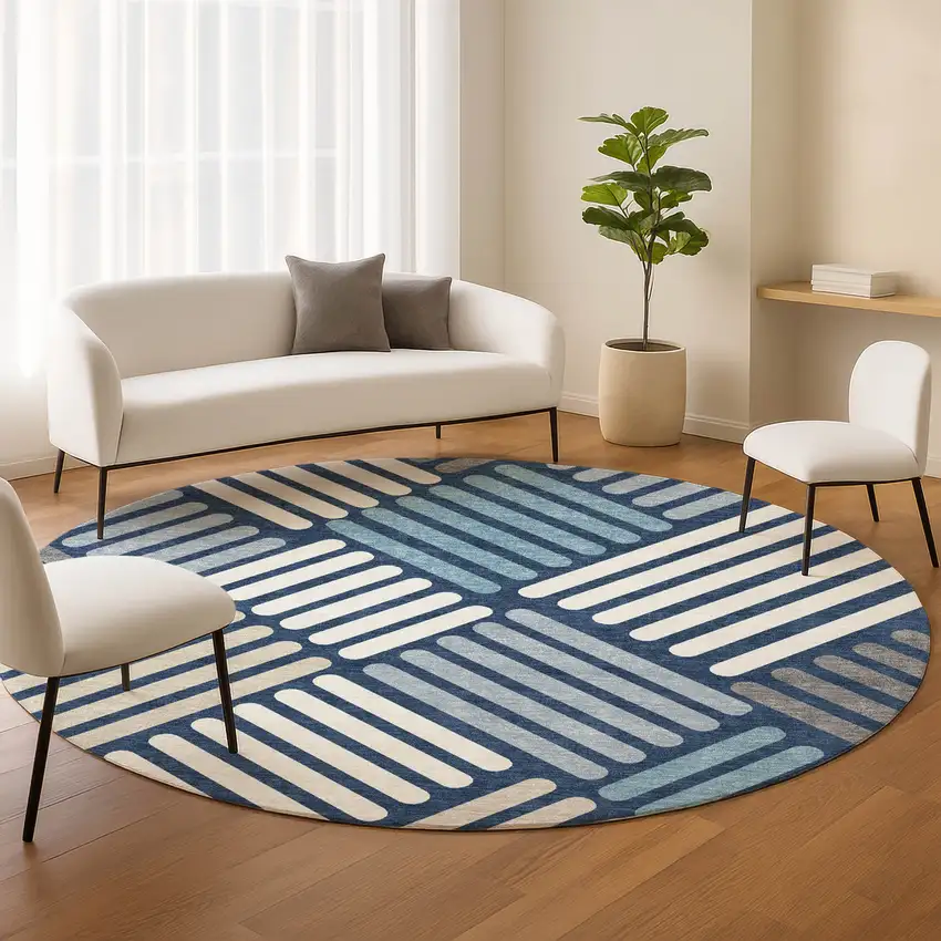 8' Navy Blue Ivory And Pewter Round Geometric Washable Indoor Outdoor Area Rug Photo 9