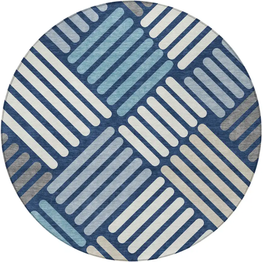 8' Navy Blue Ivory And Pewter Round Geometric Washable Indoor Outdoor Area Rug Photo 4