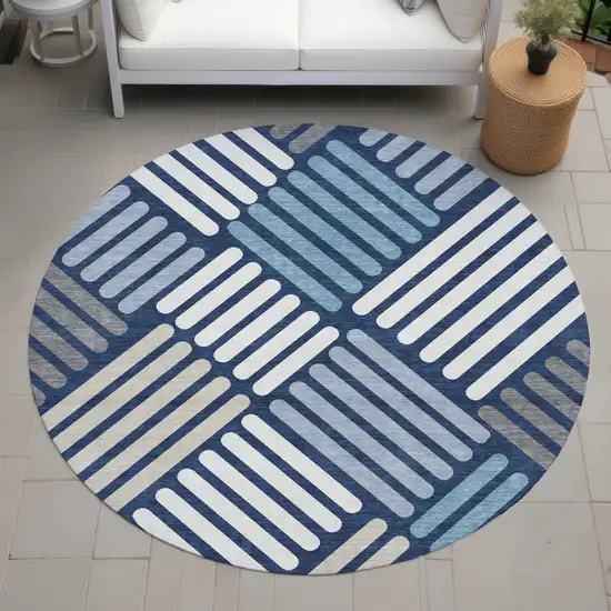 8' Navy Blue Ivory And Pewter Round Geometric Washable Indoor Outdoor Area Rug Photo 9