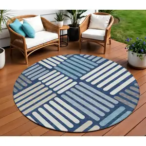 Photo of 8' Navy Blue Ivory And Pewter Round Geometric Washable Indoor Outdoor Area Rug