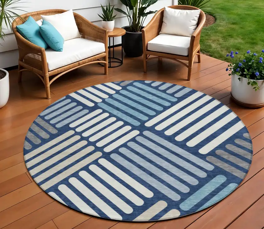 8' Navy Blue Ivory And Pewter Round Geometric Washable Indoor Outdoor Area Rug Photo 1