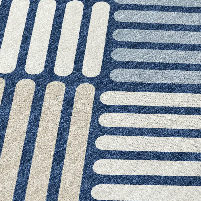 8' Navy Blue Ivory And Pewter Round Geometric Washable Indoor Outdoor Area Rug Photo 8