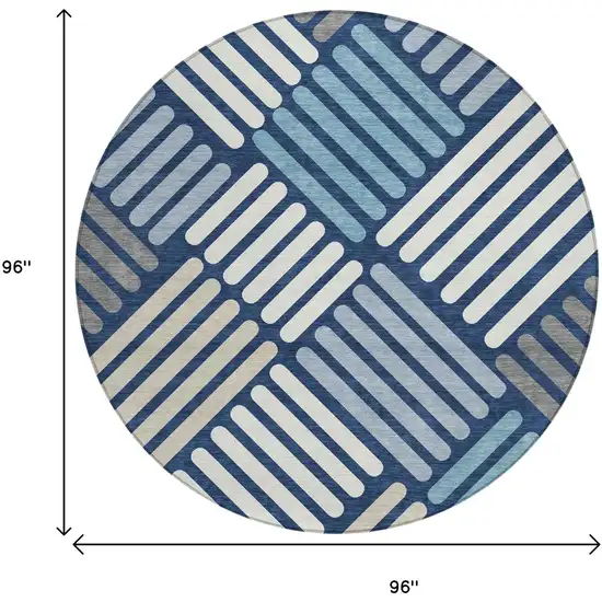 8' Navy Blue Ivory And Pewter Round Geometric Washable Indoor Outdoor Area Rug Photo 3