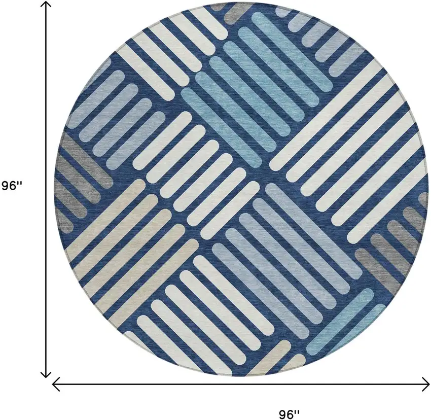 8' Navy Blue Ivory And Pewter Round Geometric Washable Indoor Outdoor Area Rug Photo 3
