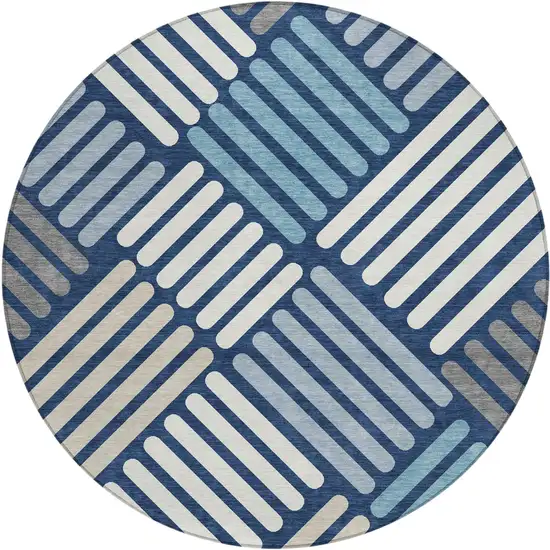 8' Navy Blue Ivory And Pewter Round Geometric Washable Indoor Outdoor Area Rug Photo 2