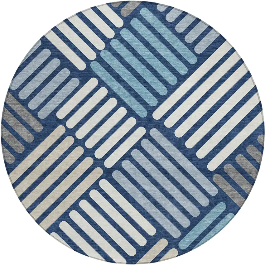 8' Navy Blue Ivory And Pewter Round Geometric Washable Indoor Outdoor Area Rug Photo 2