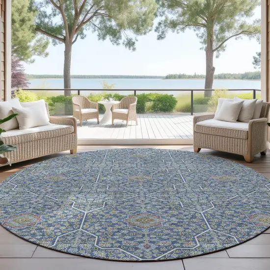 8' Navy Blue Ivory And Plum Round Oriental Washable Indoor Outdoor Area Rug Photo 4