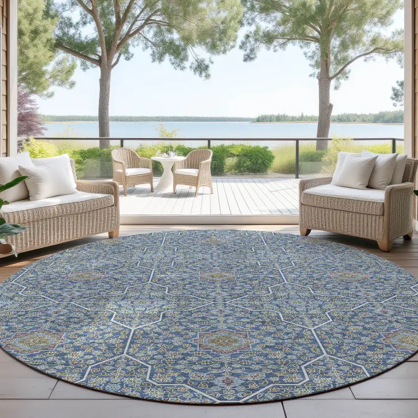 8' Navy Blue Ivory And Plum Round Oriental Washable Indoor Outdoor Area Rug Photo 4
