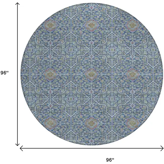 8' Navy Blue Ivory And Plum Round Oriental Washable Indoor Outdoor Area Rug Photo 7