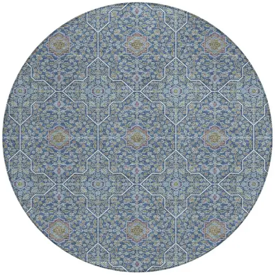 8' Navy Blue Ivory And Plum Round Oriental Washable Indoor Outdoor Area Rug Photo 3