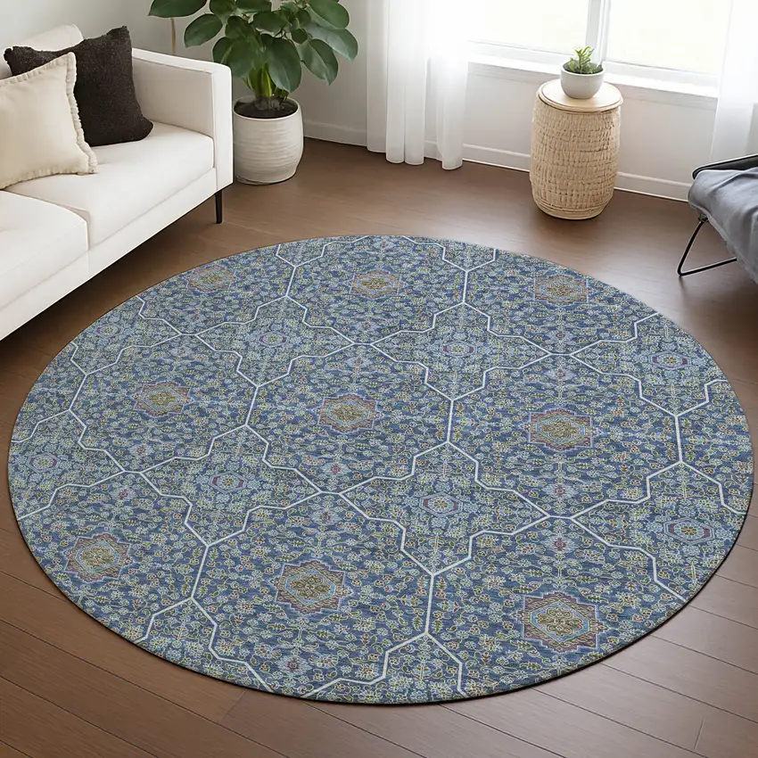 8' Navy Blue Ivory And Plum Round Oriental Washable Indoor Outdoor Area Rug Photo 5