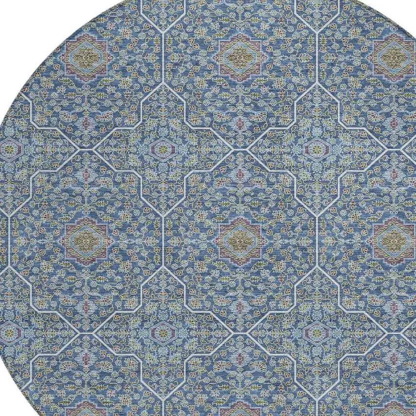 8' Navy Blue Ivory And Plum Round Oriental Washable Indoor Outdoor Area Rug Photo 2