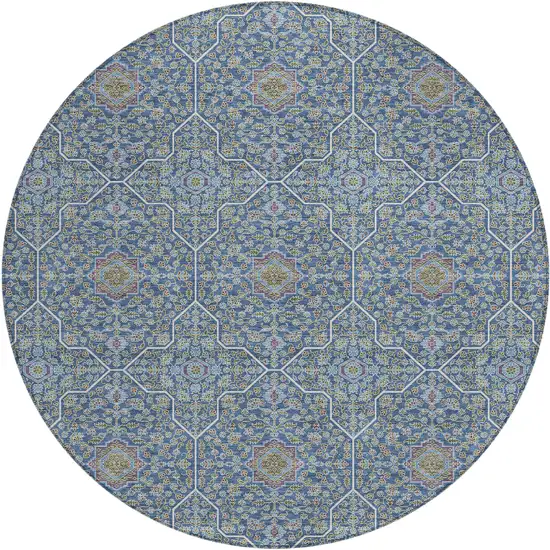 8' Navy Blue Ivory And Plum Round Oriental Washable Indoor Outdoor Area Rug Photo 1