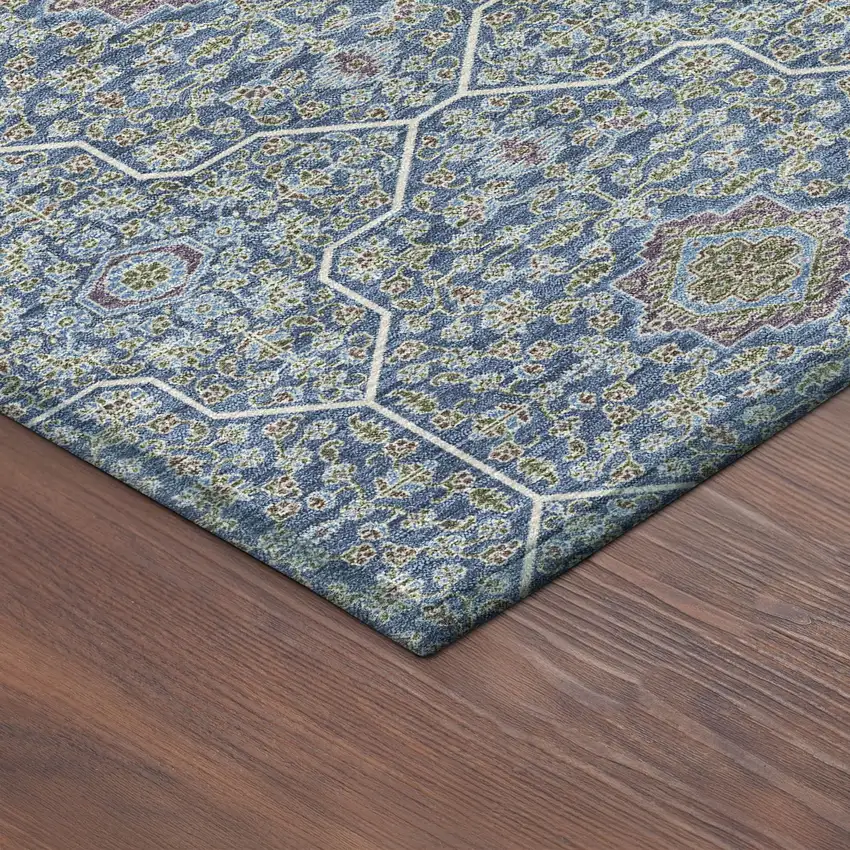 8' Navy Blue Ivory And Plum Round Oriental Washable Indoor Outdoor Area Rug Photo 8