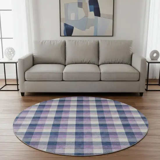 8' Navy Blue Ivory And Purple Plaid Washable Round Rug With UV Protection Photo 2