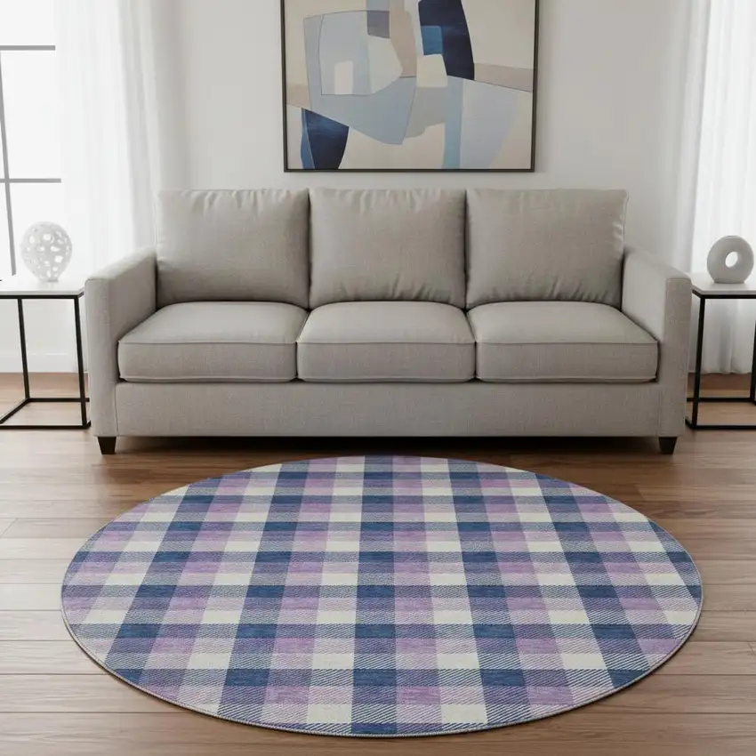 8' Navy Blue Ivory And Purple Plaid Washable Round Rug With UV Protection Photo 2