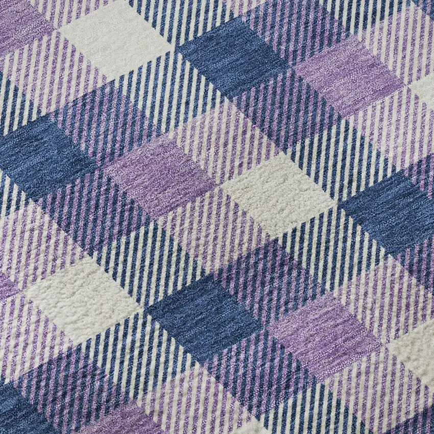 8' Navy Blue Ivory And Purple Plaid Washable Round Rug With UV Protection Photo 9