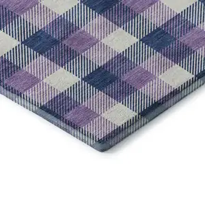 Photo of 8' Navy Blue Ivory And Purple Plaid Washable Round Rug With UV Protection