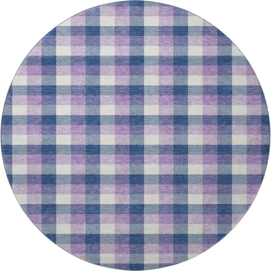 8' Navy Blue Ivory And Purple Plaid Washable Round Rug With UV Protection Photo 3