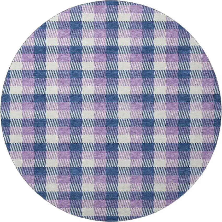8' Navy Blue Ivory And Purple Plaid Washable Round Rug With UV Protection Photo 3